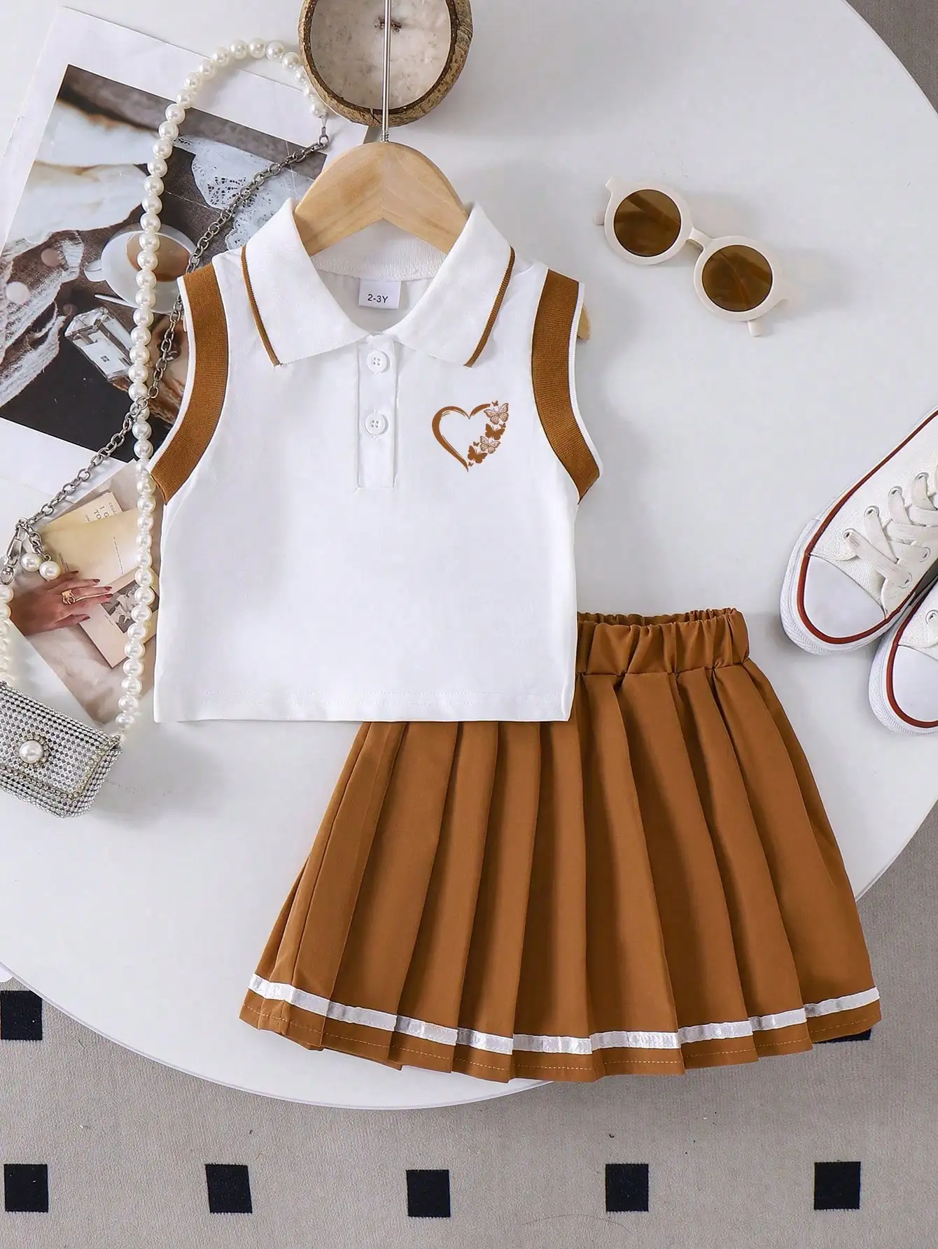 Women's Sleeveless Polo Top And Pleated Skirt Set School Style Heart Embroidery Summer Outfit