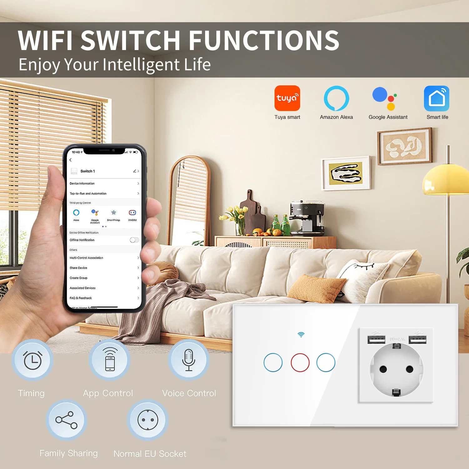 EU Standard WiFi Smart Wall Switch Socket Single Round Tempered Glass Panel   APP Voice Control