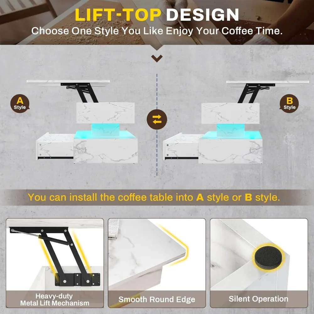 Lift Top Storage Coffee Table with LED Light for Living Room, Small 2 Drawers Space-Saving Furniture