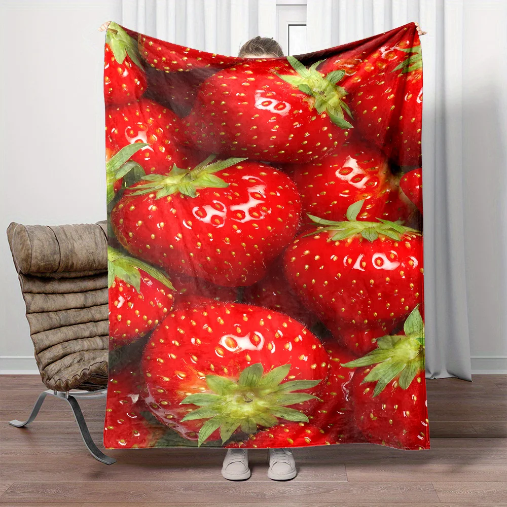 1pc Fruit Theme Blanket Fresh Vivid Large Red Strawberry Pattern Printed Lunch Break Office Small Throw Blanket Home Blanket Gif