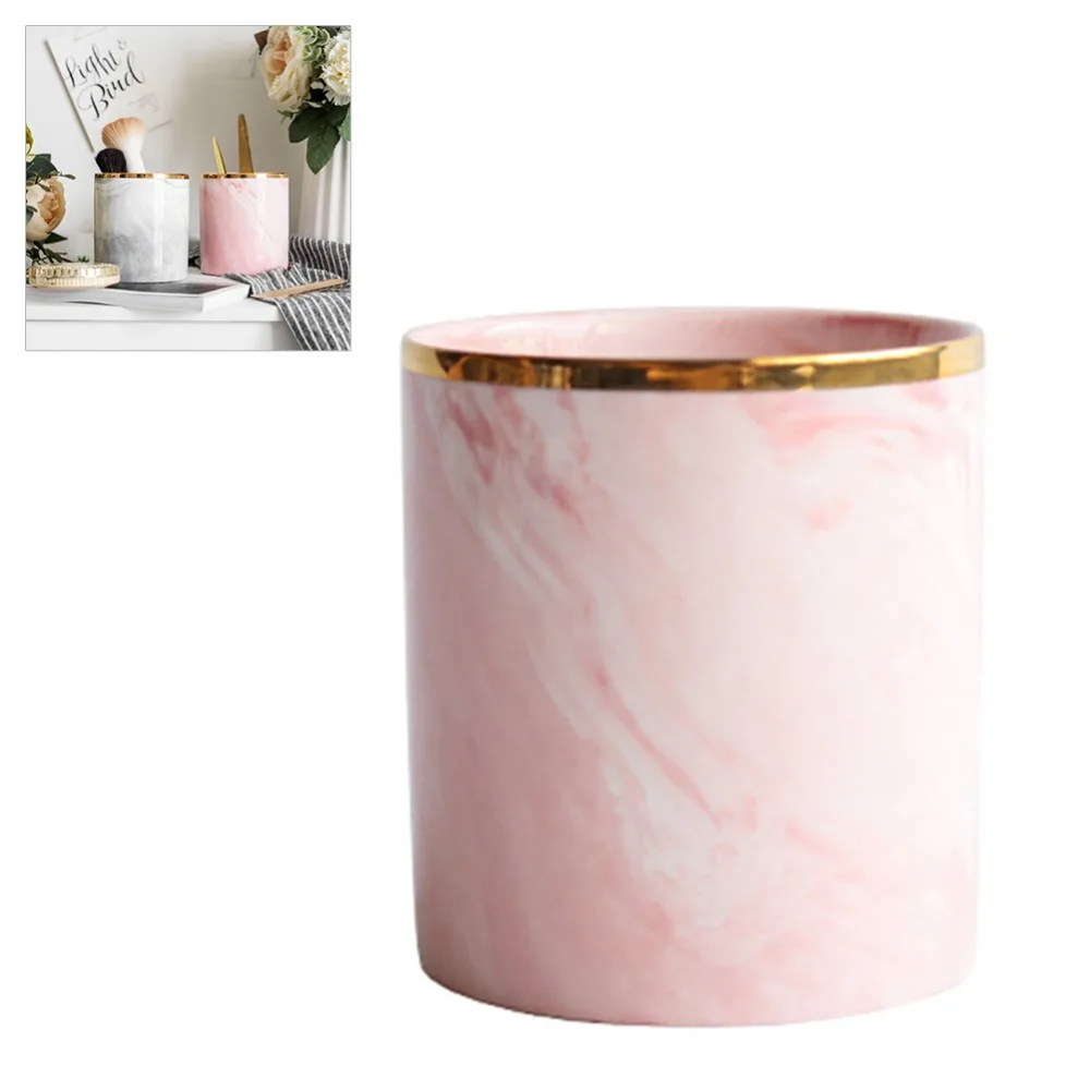 Marble Ceramic Pen Holder Smooth Finish Non Slip Desktop Organizer European Style Golden Pink Pencil Cup for Home Office Desk