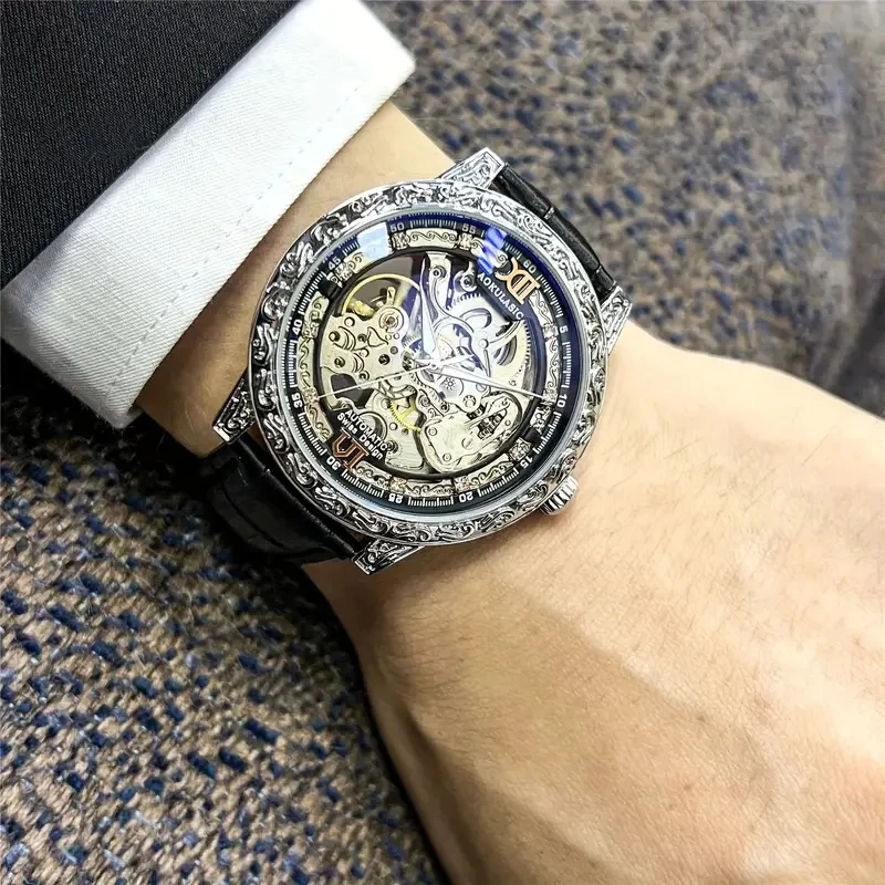 

Высококачественные легкие роскошные полые автоматические механические часы для мужчин, стильные деловые повседневные британские модные мужские часы, это первый выбор подарков, лучший подарок для него, батарейки не требуется.