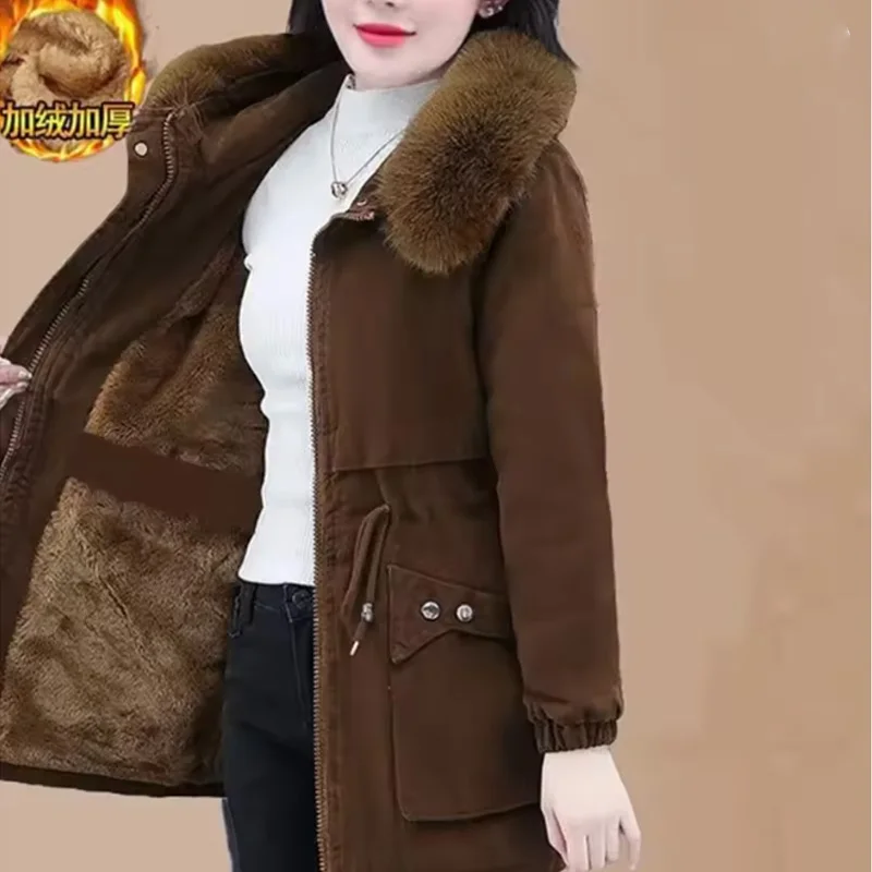 

Women Fleece Lining Fur Collar Cotton Padded Coat 2025 Ladies Warm Thick Parkas Outwear Women Medium Long Quilted Jacket 5XL