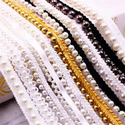 1yard/10yards Hand-stitched Pearl Glitter Beads Braid Lace Ribbon Wedding Dress Skirts Collar Neckline DIY Sewing Appliques