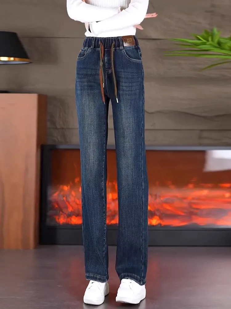 

Джинсы женские с высокой талией, на подкладке, широкие, осенне-зимние, утепленные, прямые, свободные, с эластичным поясом