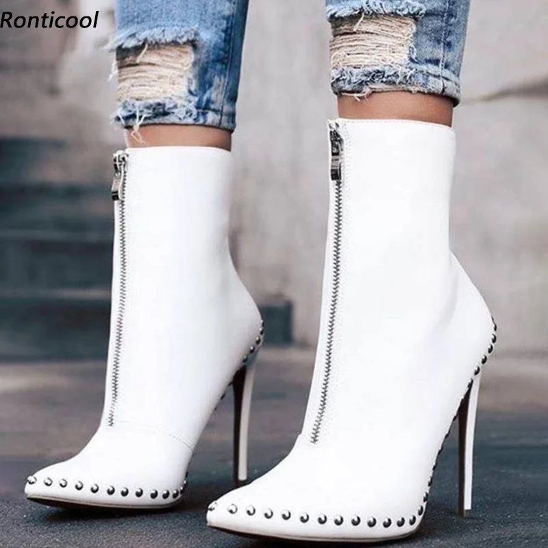 

Ronticool Women Winter Ankle Boots Faux Leather Sexy Stiletto Heels Pointed Toe Pretty White Black Party Shoes Size 35-47