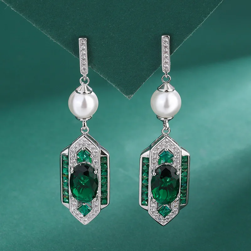 Classical Style Jewelry Set New Chinese Style Emerald Ring Earrings Green Diamond Ear Drops Retro High-end Green Gemstone Ring