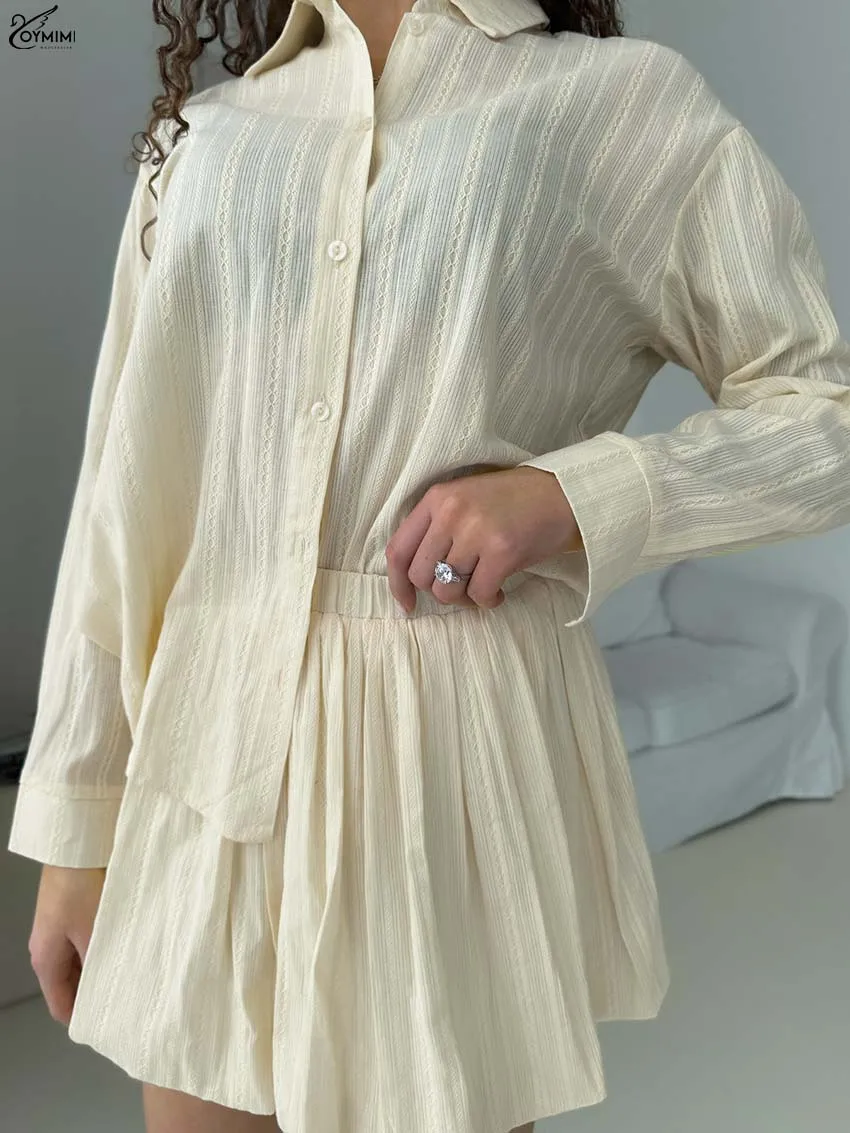 

Oymimi Fashion Beige Cotton 2 Piece Sets Woman Outfit Elegant Jacquard Long Sleeve Button Shirts And High Waist Shorts Sets