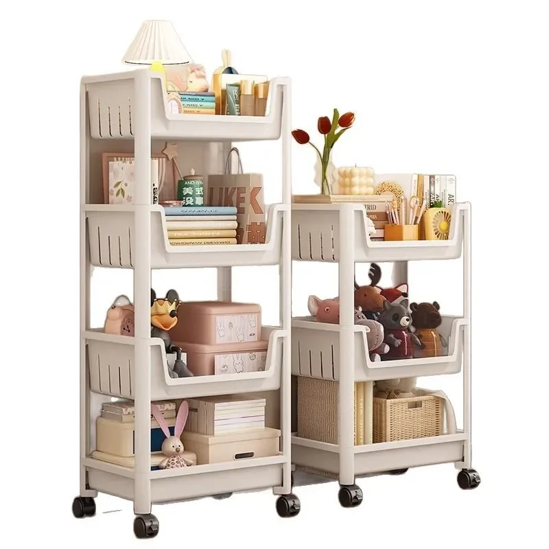 Movable trolley shelf, bookshelf, floor-to-ceiling household with wheels, book storage rack, children's toy snack rack