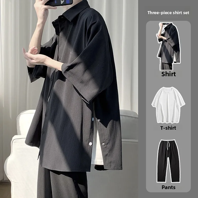 

Summer Casual Five-Quarter Sleeve Button-Down Split Shirt Men's Cool Trendy Three-Piece Set Loose Fit Teenage Long Pants