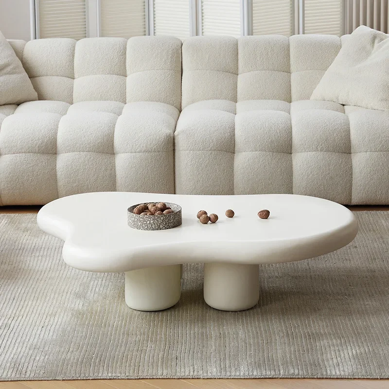 ATUNUS Minimalist Living Room Space Saving Abstract White Irregular Special Cloud Shape Low Wooden Unique Coffee Table