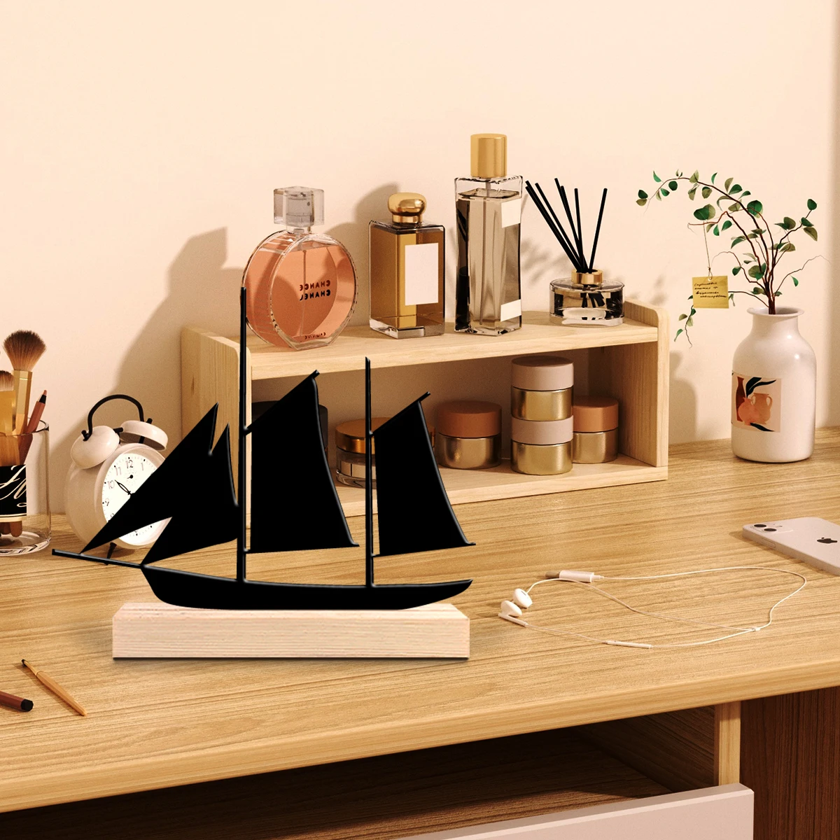 

1pc Sailboat Silhouette Metal Desktop Decor Black Line Art Ornament with Wooden Base
