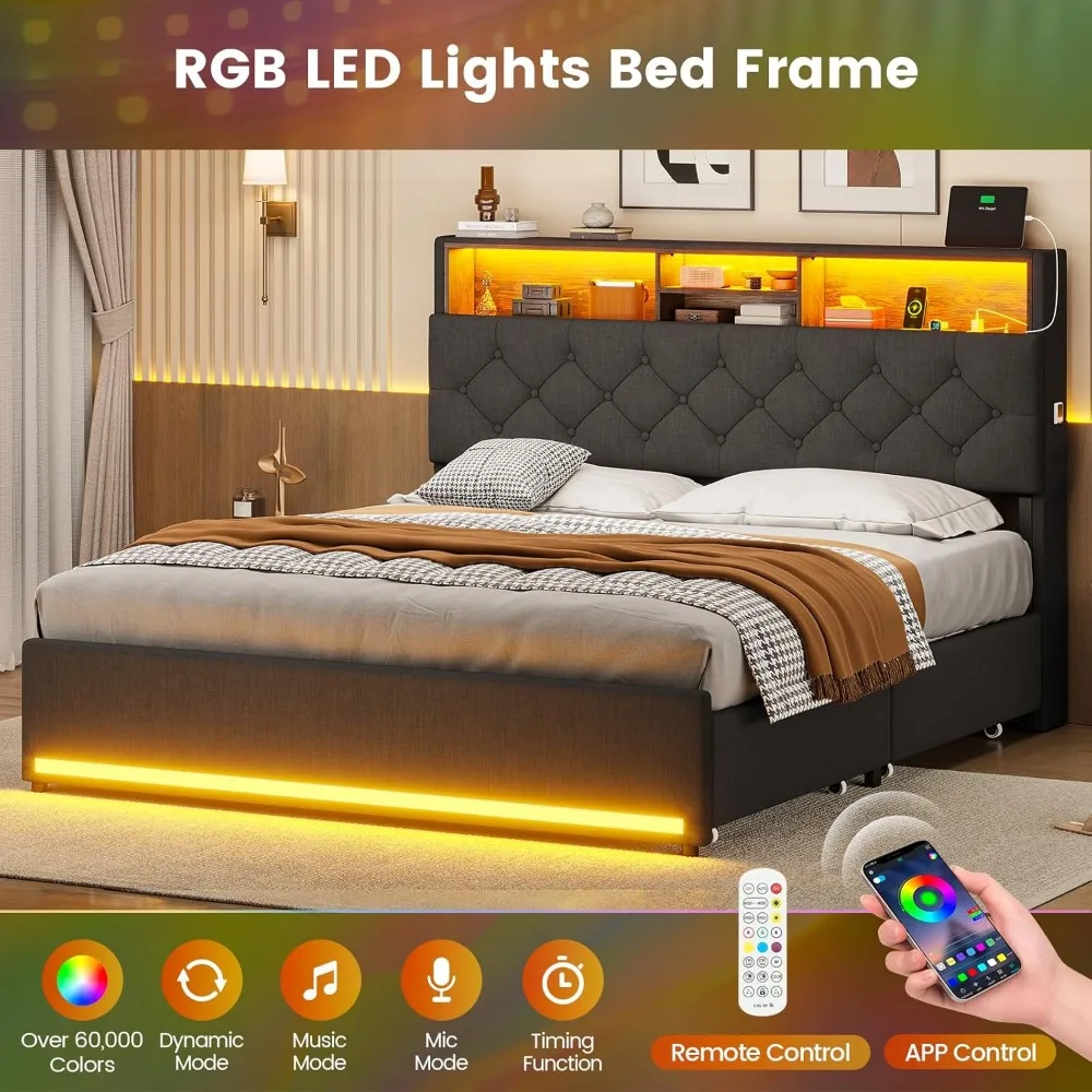 Bed, Queen Bed Frames with Headboard & 4 Drawers, LED Bed Frame Twin with Charging Station, Upholstered and Metal Queen Bed image 4