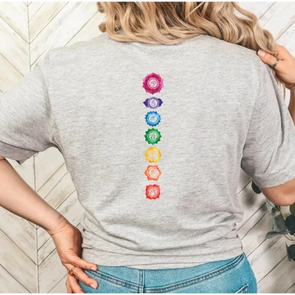 

Футболка Chakra Symbols 7, футболка с цветочным принтом чакры, женская футболка для медитации, женская летняя повседневная хлопковая футболка с круглым вырезом и коротким рукавом