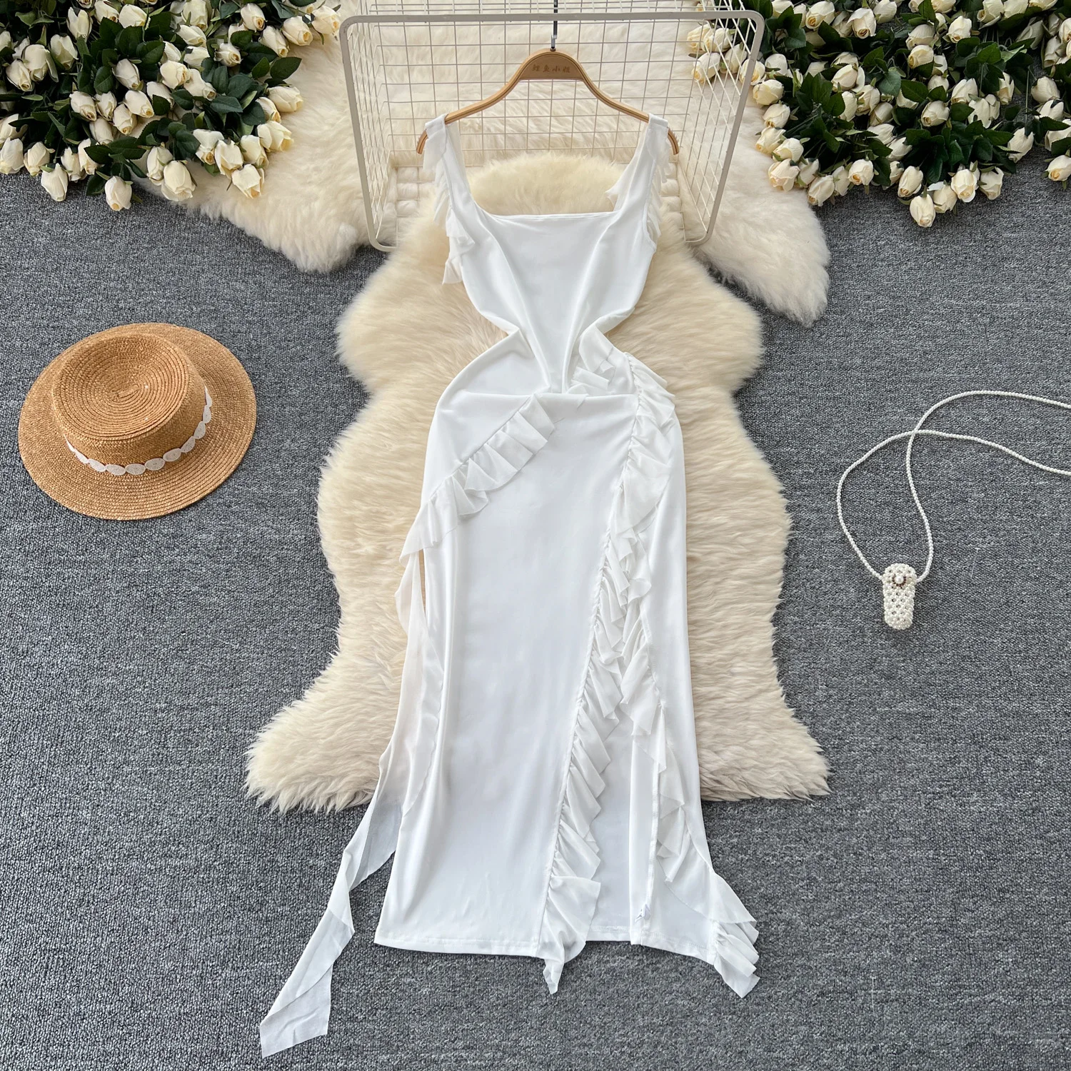 

Foamlina Fashion Design Ruffles Splice Open Flutter Belt Slim Long Dress Women White Show Thin Tank Top Dresses America