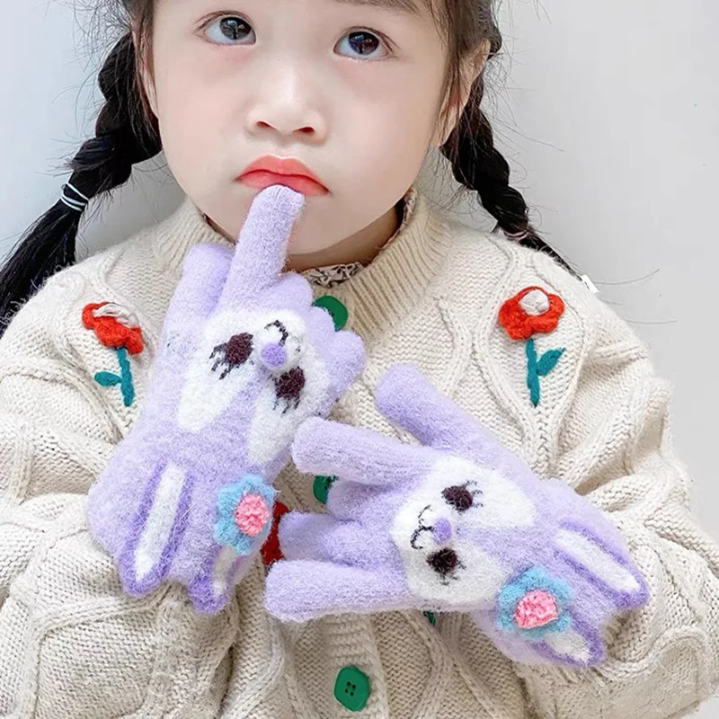 5-12 Years Children Gloves Girl Winter Knitted Cartoon Rabbit Warm Soft Full Finger Gloves Kids Outdoor Lovely Girl Mittens