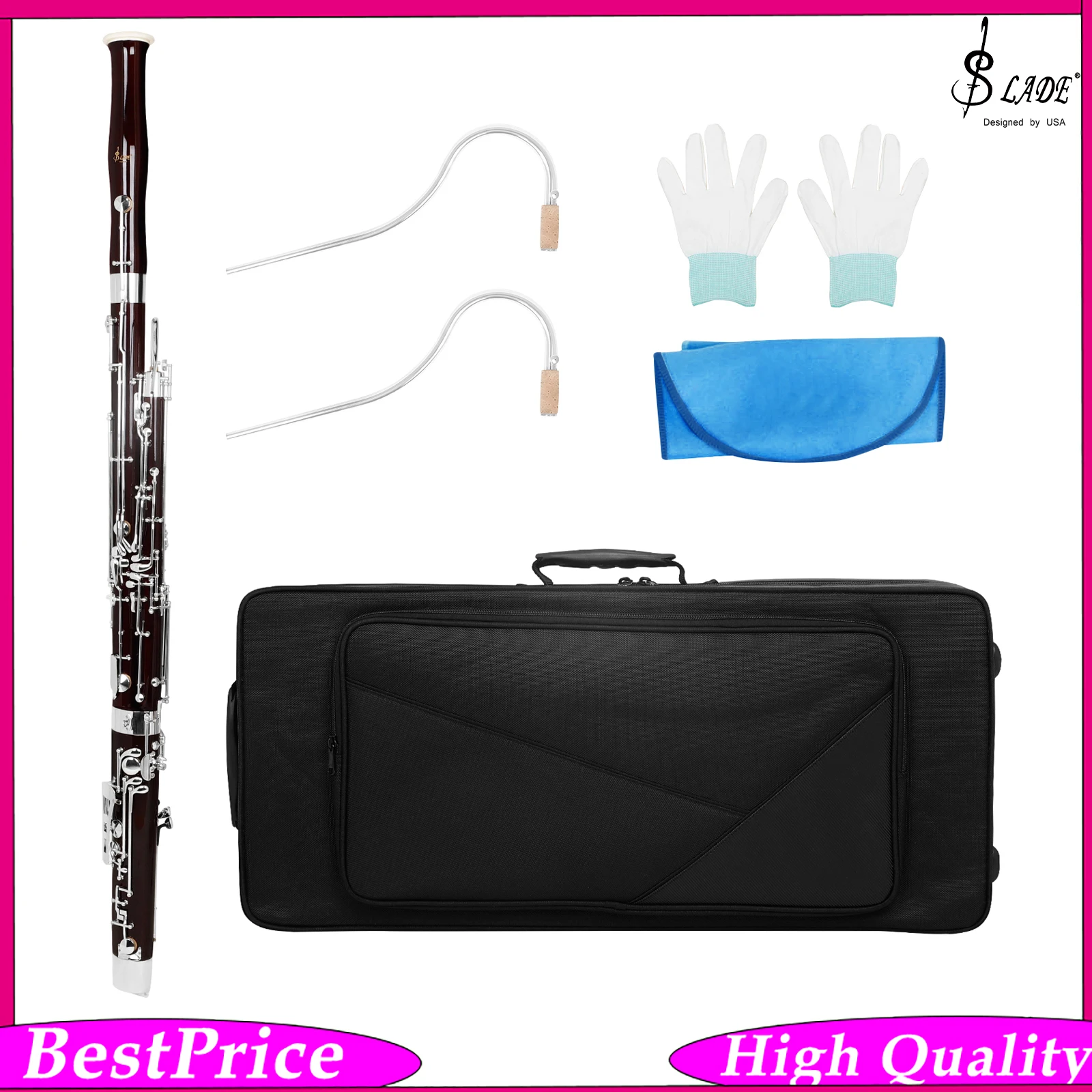 SLADE C Key Bassoon Tube Maple Wood Nickel Plated Key Bassoon with Gloves Cleaning Cloth Case for Wind Instrument Performance