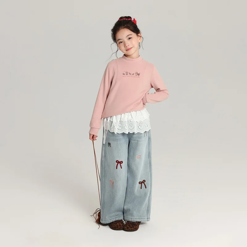 

2025 Winter New Hot Selling Bow Embroidered Velvet Thickened Elastic Waist Girls' Straight Leg Jeans