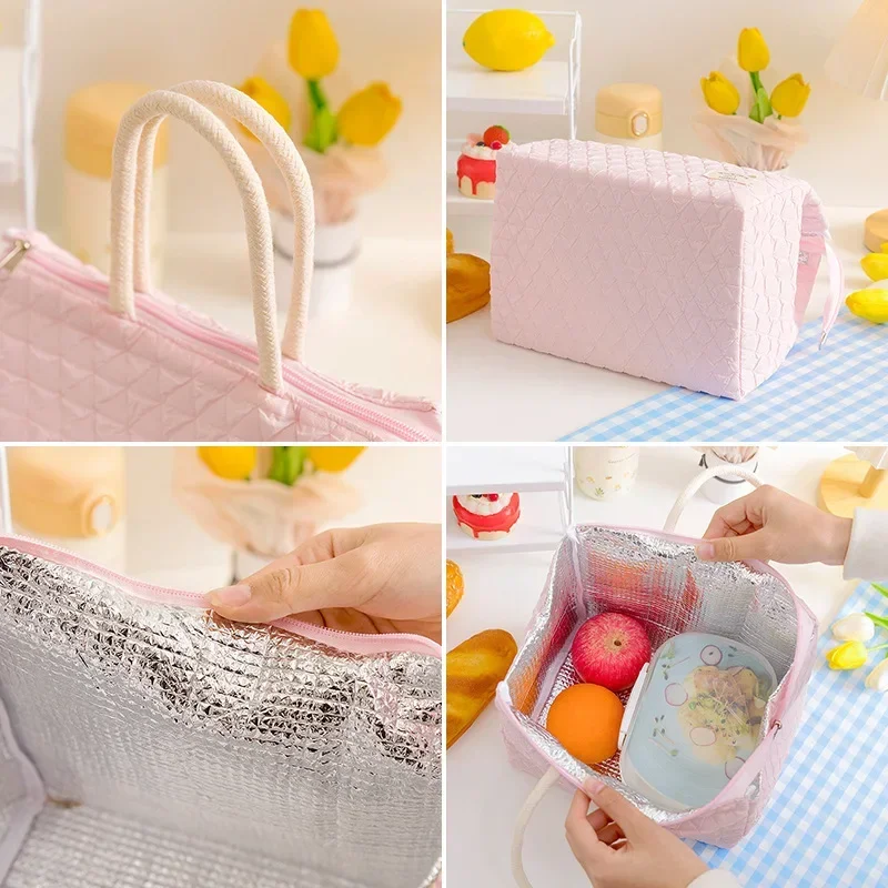 Baby Lunch Bag Children Bento Handbag Outdoor Picnic Large Capacity Insulation Cold Bag Mesh Red Diamond Zipper Lunch Box Bag