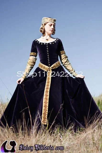 Purple 14th Century Medieval Prom Gown Velvet and Silk Cotehardie Long Sleeve Lace Buttons Gothic Cosplay Evening Dress