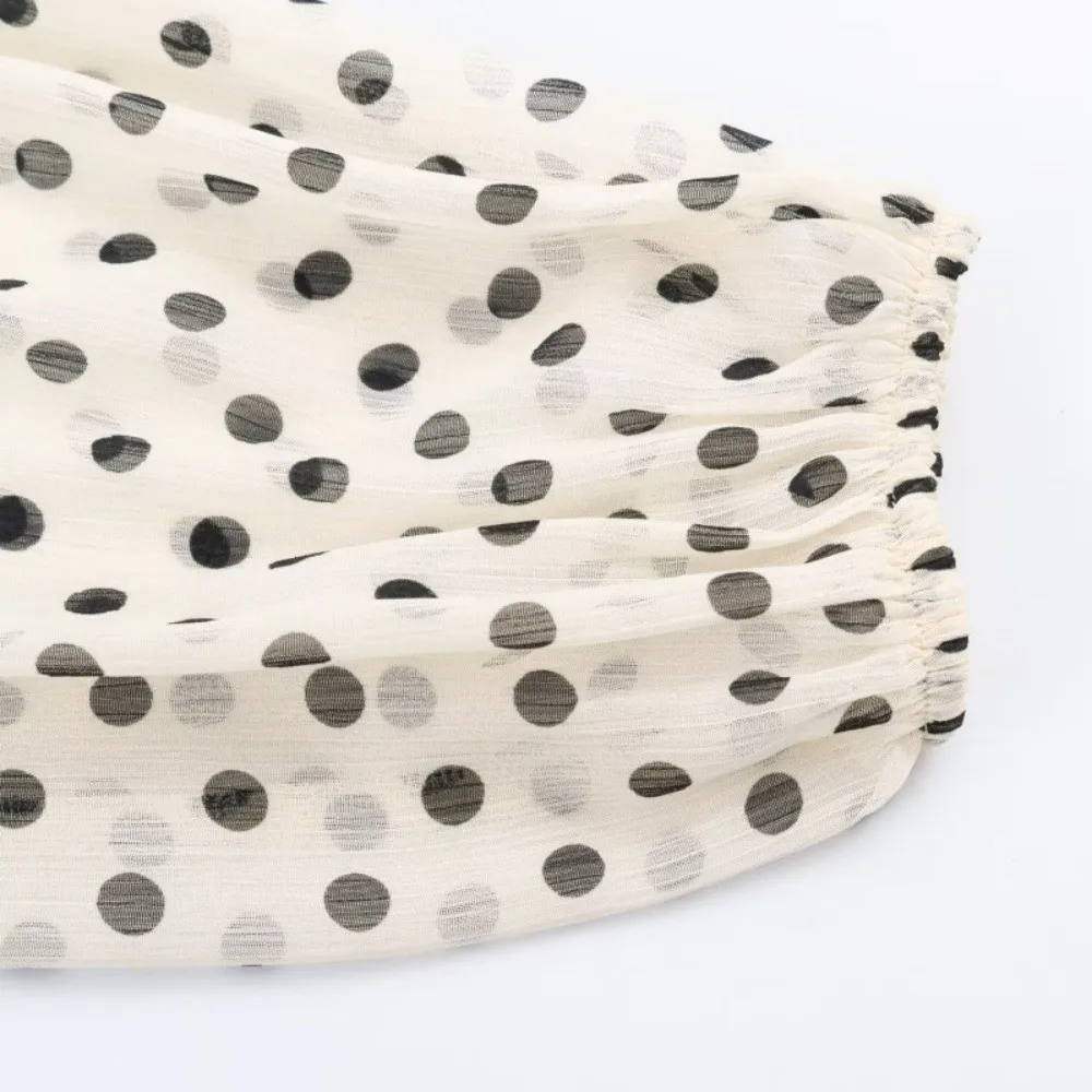 

Fashion Lantern Sleeve Polka Dot Shirt Pleated Long Sleeve Lace Up Blouse Comfortable Breathable Chiffon Blouses Office Lady