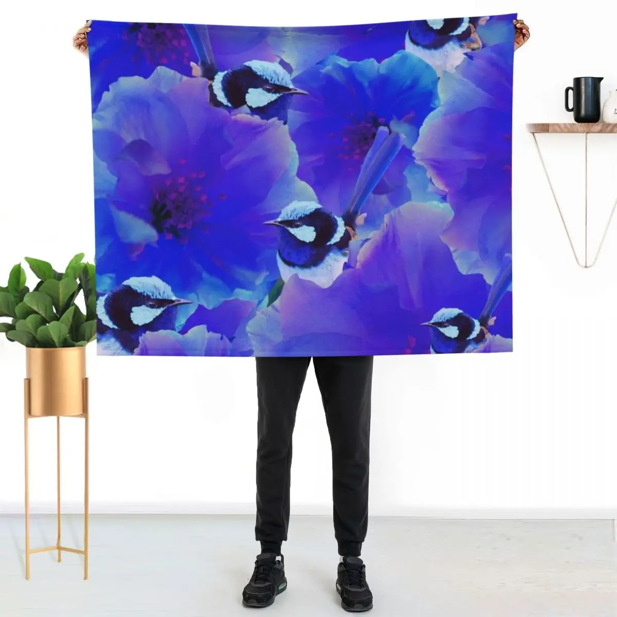 Bluetiful - Spot the Wren - Blossom Floral & Blue Wren Behind Black Throw Blanket Moving Beach Travel Sofas Blankets