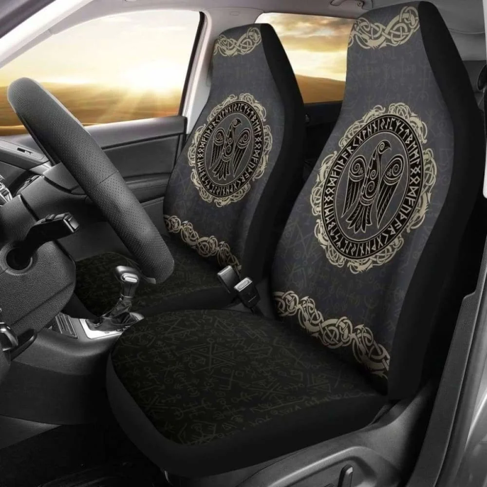 Viking Odin’S Raven Rune Circle Car Seat Covers,Pack of 2 Universal Front Seat Protective Cover