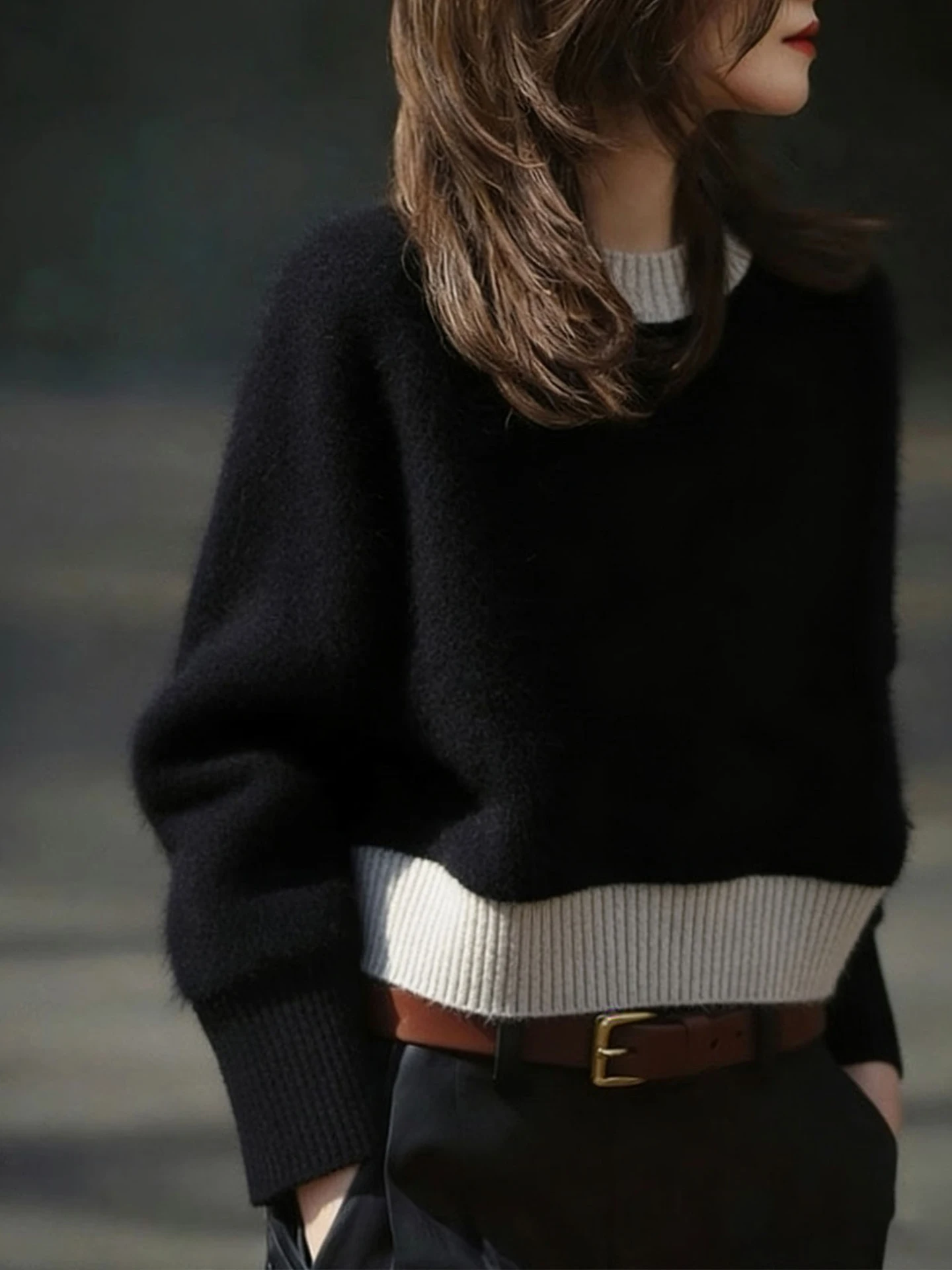 패셔너블 니트 페이크 투피스 카메라 롱 슬리브 라운드 넥 출퇴근용 여성 겨울 의류 루즈핏