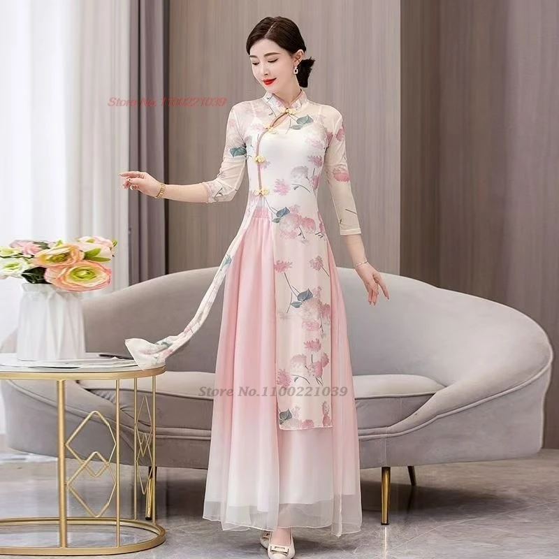 2025 abito da ballo popolare vintage cinese tradizionale stampa floreale maglia qipao top + pantaloni allenamento pratico per spettacoli teatrali retrò