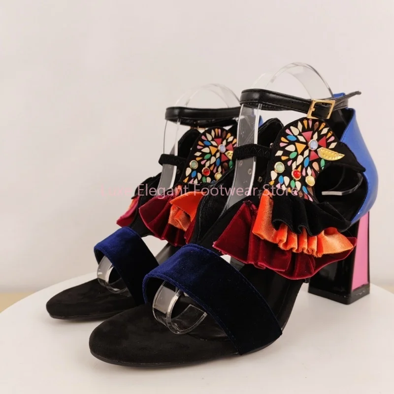 

Mixed Colors Suede Ruffle Gem Block Heel Sandals Women Bohemian Open Toe Buckle Strap High Heels Fashion Party Vacation Shoes