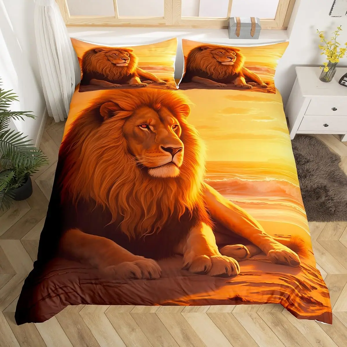 3D Lion King Duvet Cover Fierce Lion Head Bedding Set Microfiber Wild Animals Comforter Cover For Teen Boys Young Man Room Decor