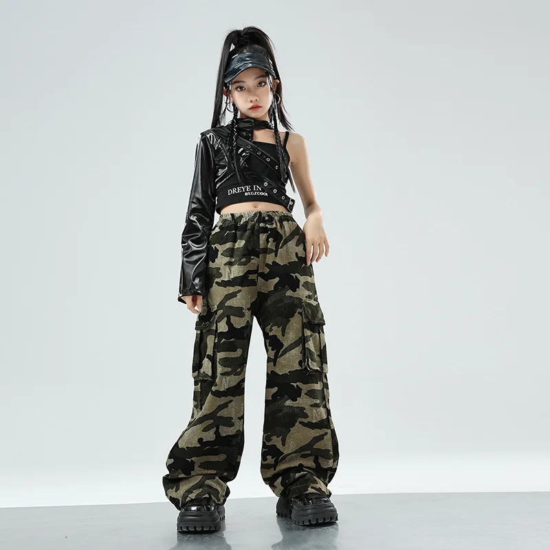 Nuove ragazze costume da ballo jazz in pelle manica singola pantaloni mimetici tuta gruppo abiti da ballo di strada set fantastici abiti hip-hop