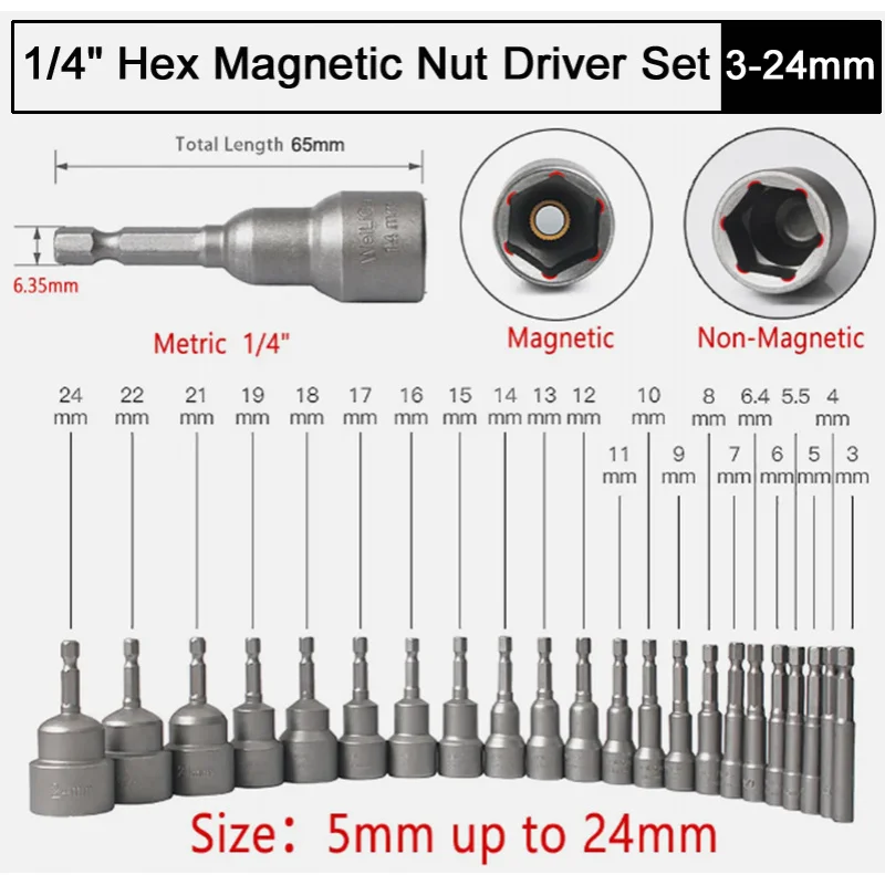 

1/4" Hex Magnetic / Non-magnetic Connector Nut Driver Set 3 to 24mm Metric Socket Impact Drill Bits Chrome-vanadium alloy steel