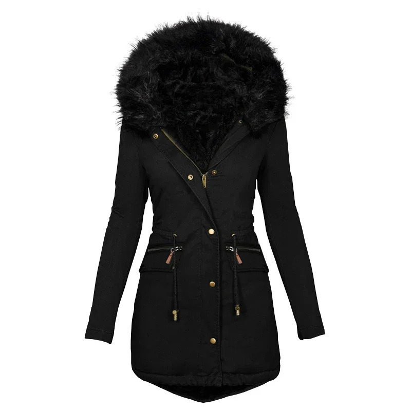 Winters Women\'s Fur Collar Mid-length Parka Coat Solid Color Fluffy Hat Zipper Waist Drawstring Warm Coats  Jacket