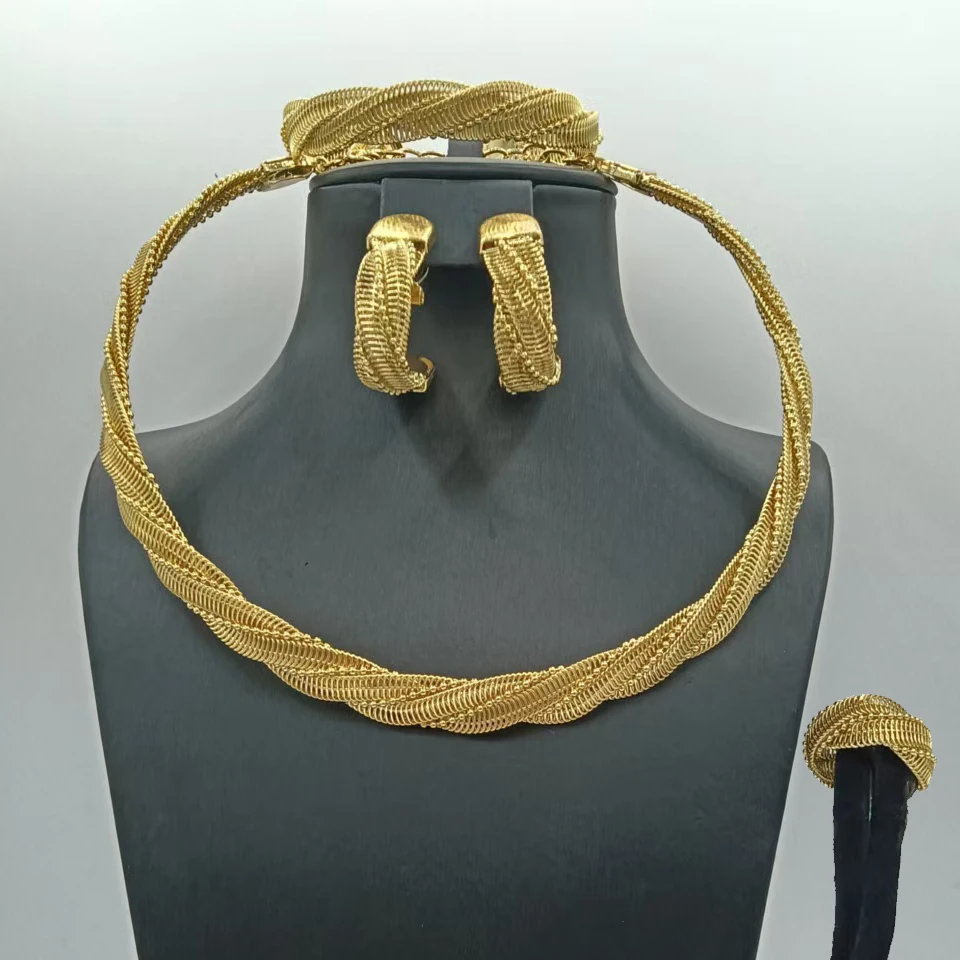 Exquisite Textured Three Tone Twisted Beads Dubai Jewelry Set Necklace Bracelet Earrings Ring 4PC Jewellery for Wedding Party