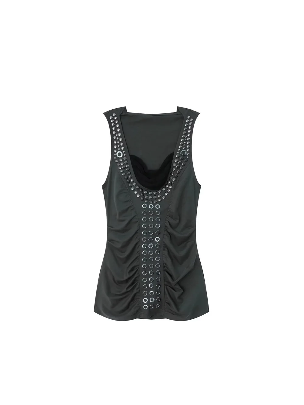 Nouveau débardeur à capuche sans manches été 2026, avec rivets argentés et détails latéraux, style punk décadent, tendance streetwear polyvalente, pour soirées en boîte de nuit