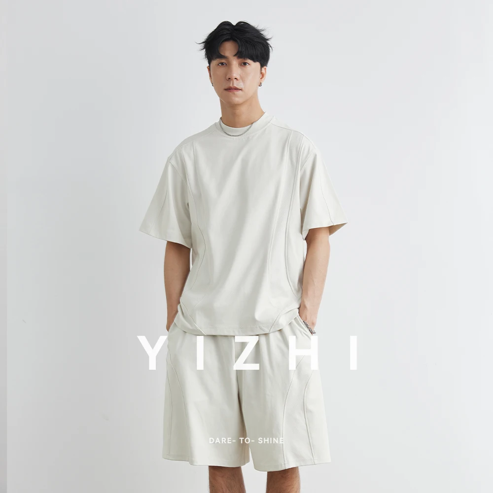 Men's Round Neck Solid Color T-shirt Drawstring Shorts Sports Leisure Loose Fashion Summer Cotton Half Sleeve Shorts Men Suit