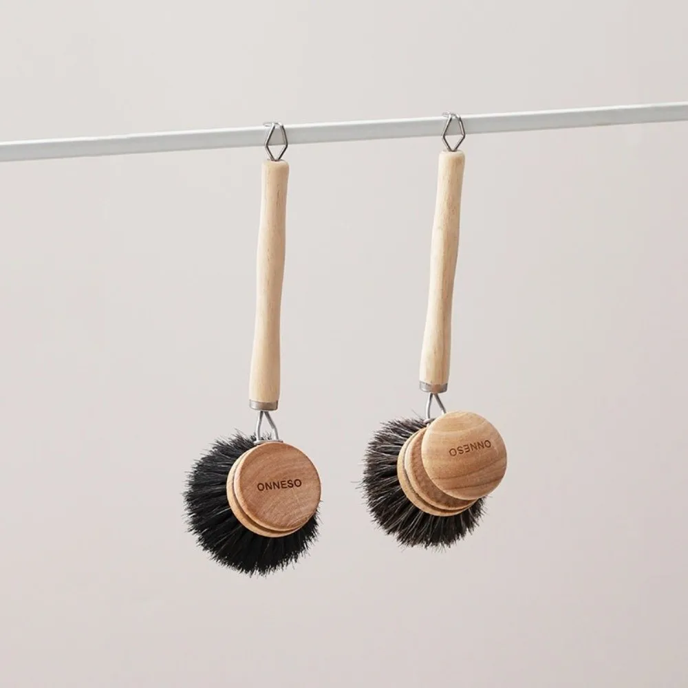 Solid Wood Kitchen Cleaning Brush Replaceable Multifunctional Dish Pot Brush Wooden Handle Cleaning Tool Frying Pan Brush