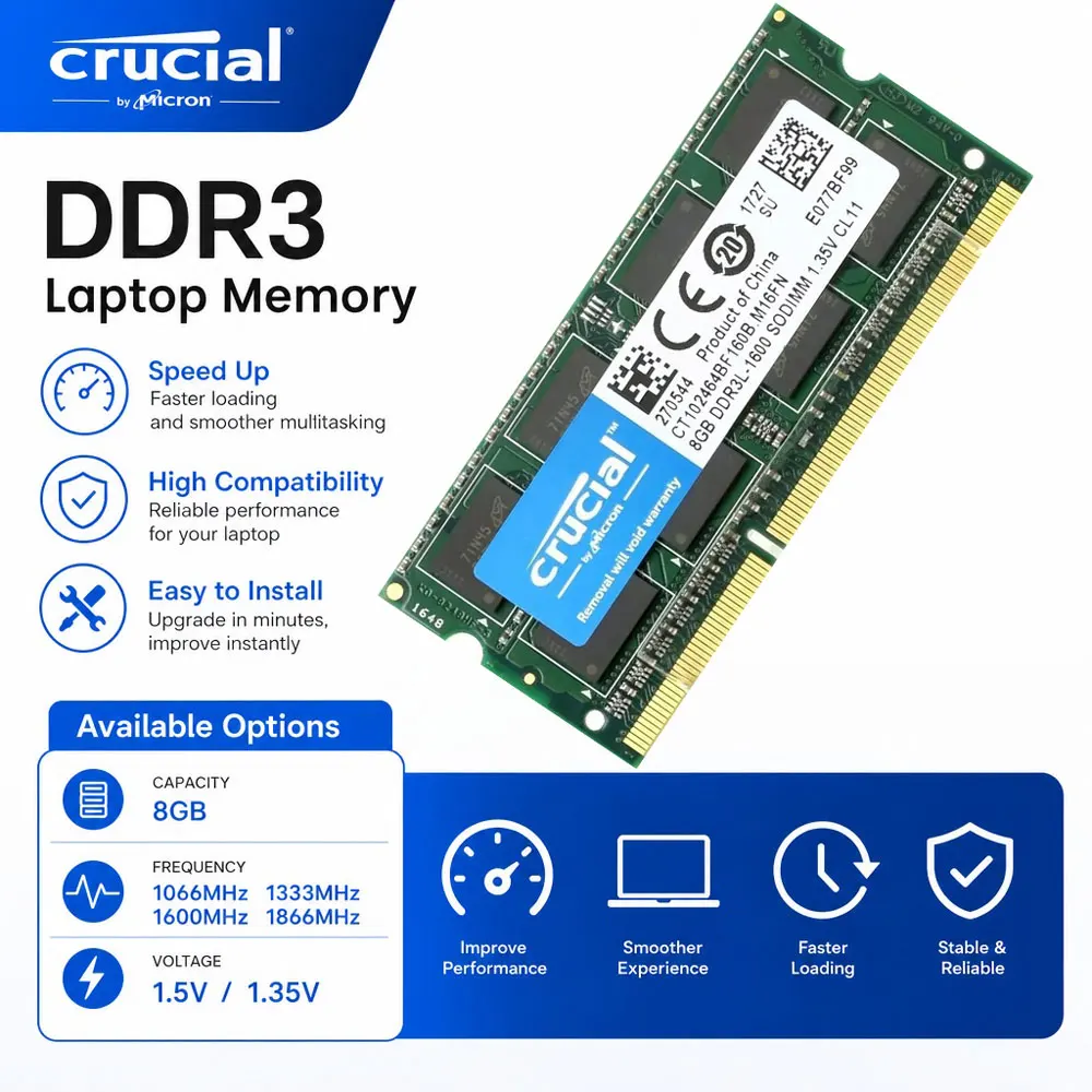 Crucial Laptop Memory RAM DDR3 DDR3L 8GB 1333 1066 1600 1866MHz PC3-8500 10600 PC3L-12800 14900 Notebook 1.35V 1.5V SODIMM RAMs