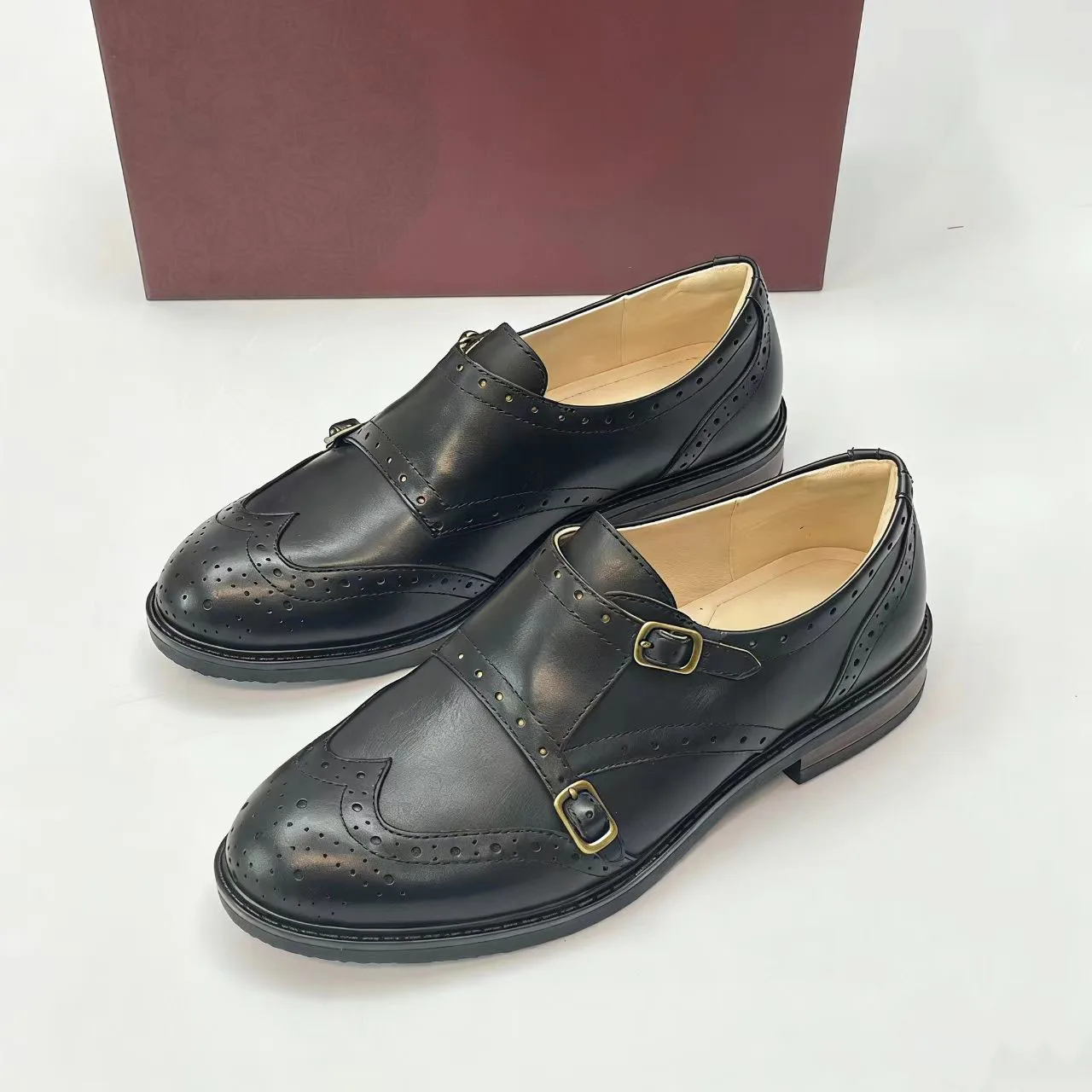 

Women Handmade Leather Double Monk Strap Shoes Brogue Wingtip