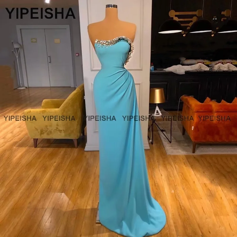 

Customized Strapless Mermaid Evening Dresses Delicate Beaded Blue Prom Gown Long Party Dress Vestido de Festa