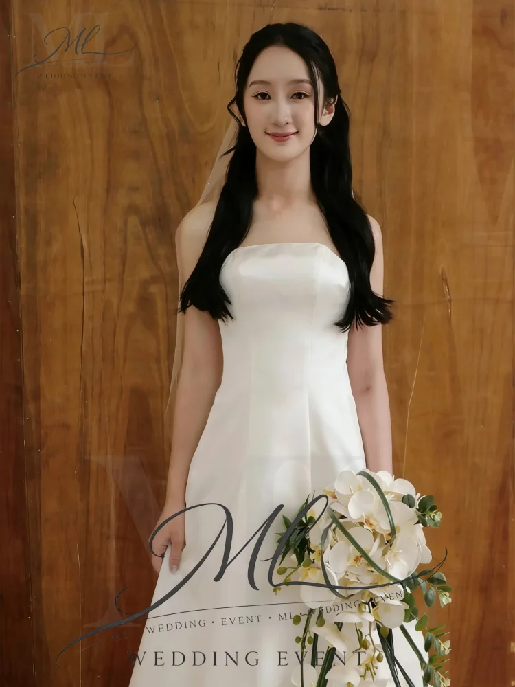 ML 2 In 1 Strapless Satin A Line Korea Wedding Dresses Cape Sleeves Bride Wedding Photos Shoot Dress Customized Reception Gown