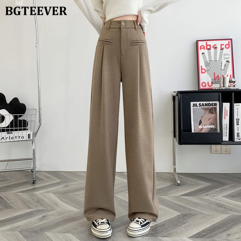 

BGTEEVER Casual Loose Pockets Floor-Length Female Woolen Wide Leg Trousers Autumn Winter Fashion High Waist Ladies Suit Pants