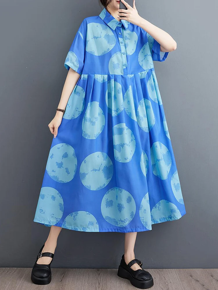 

Blue Vintage Polka Dot Print Shirt Dresses For Women Summer New Short Sleeve Loose Casual Dress Fashion Elegant Clothing 2023