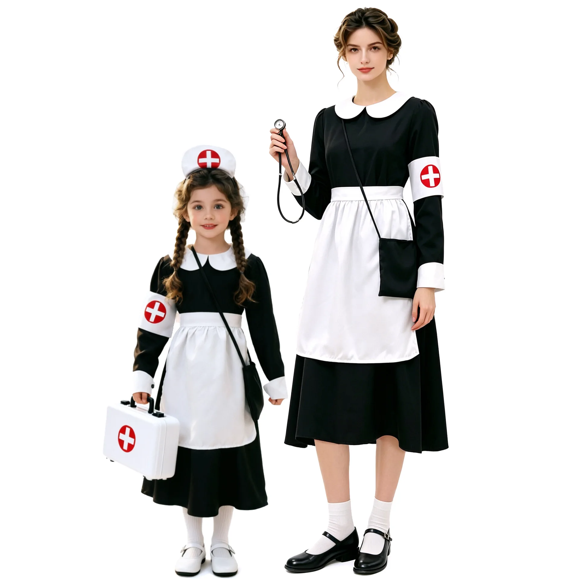

Classic Black White Nurse Uniform Set Parent-Child Style Halloween Costume Stage Performance Traditional Chinese Ethnic Costume