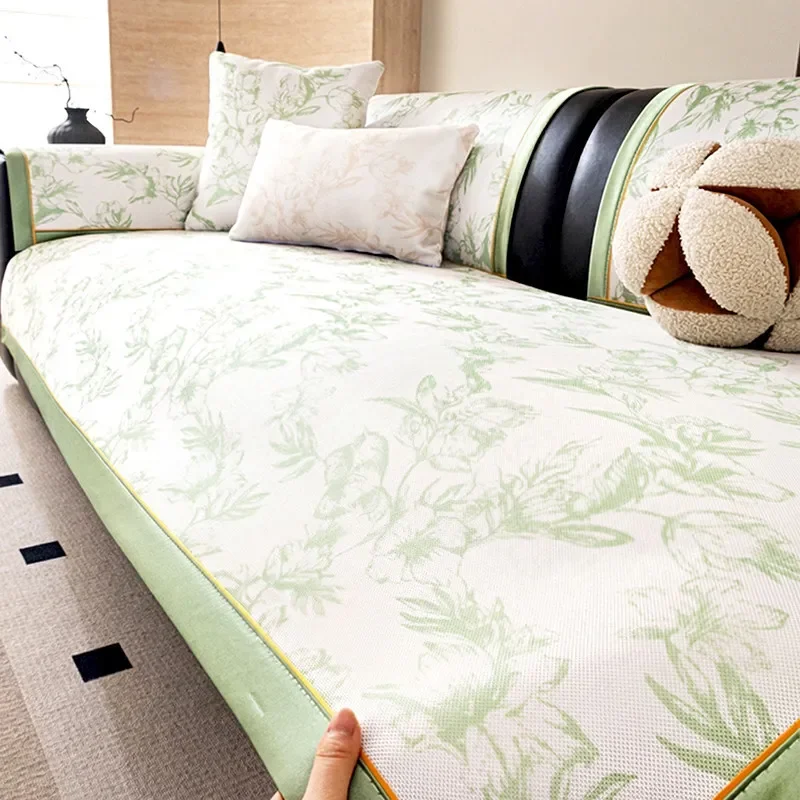 New Summer Cool Feeling Ice Silk Sofa Cover Slip Resistant Straight Row Sofa Mat For Leather Sofa Special Cooling Seat Cover