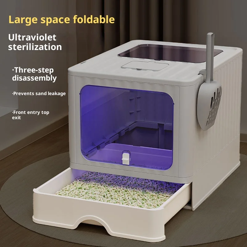 New Fully Enclosed Large Foldable Drawer Cat Litter Box, Odor Control Extra Large Kitty Toilet, Anti-Splash for Indoor Cats