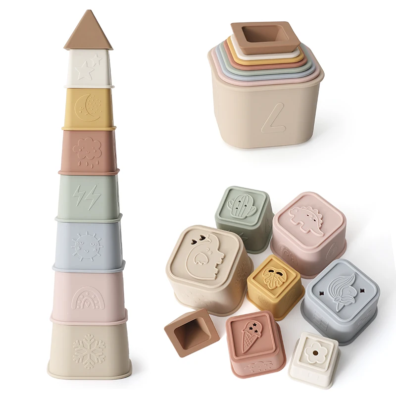 Набор из 8 детских силиконовых стаканчиков, штабелируемые блоки для раннего развития, силиконовая штабелируемая игрушка для малышей