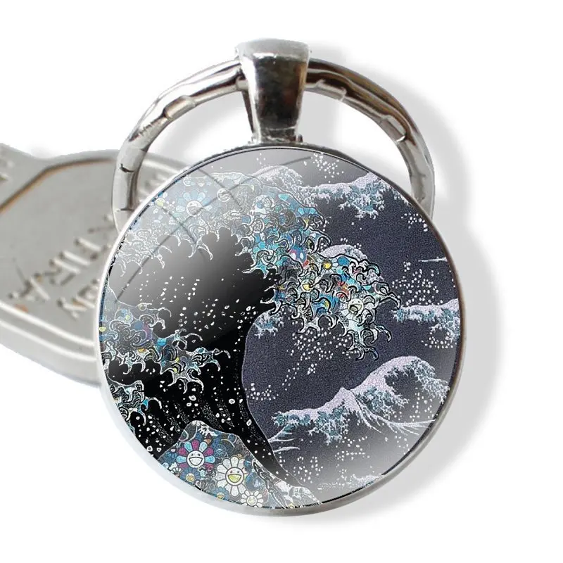 Keychain Handmade Glass Cabochon Key Ring Holder Pendant Key Chains Hokusai Great Wave