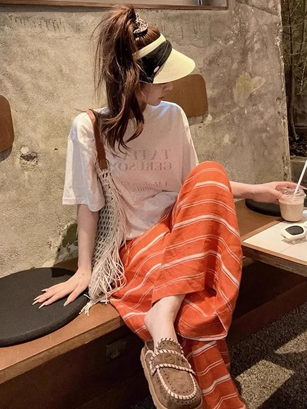 

Chic Summer Outfit White T-Shirt Wide Leg Pants Lazy Loose Feelings Two-Piece Set Beautiful Commute High Waist A-Line Skirt